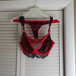Red Mesh + Black Lace Cage Bra and Panty Set